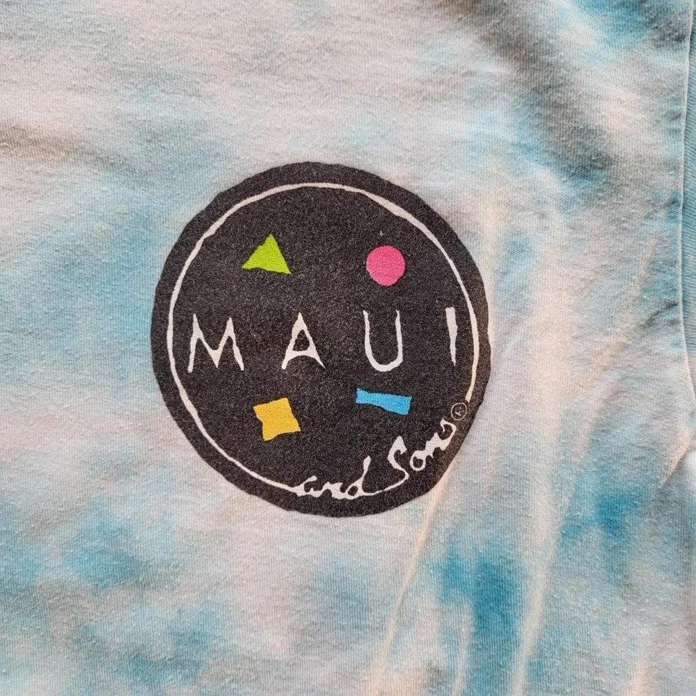 Maui and Sons Shark Graphic Tie Dye T-Shirt Blue White Mens Small Surf Retro